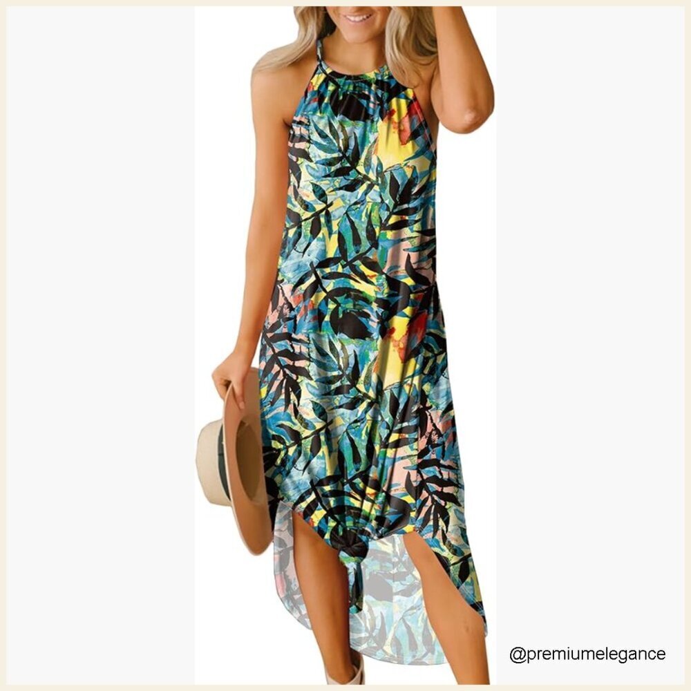 Women's Halter Maxi Dress Side Slit Casual Beach Resort Wear Sundress